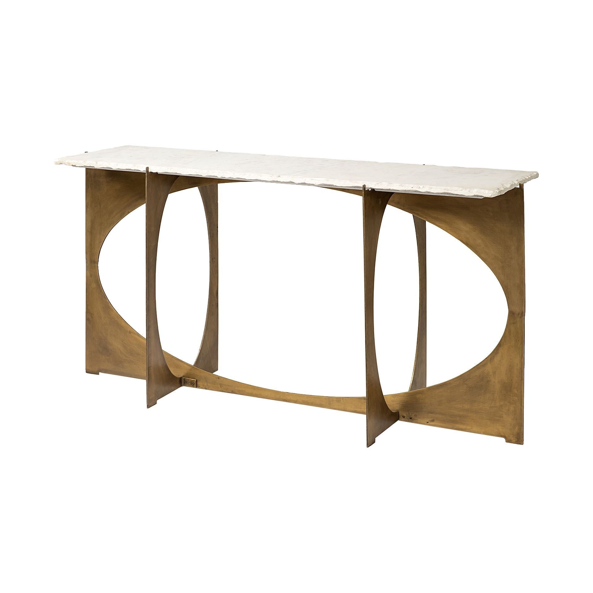 59" White and Gold Genuine Marble and Metal Geo Base Console Table