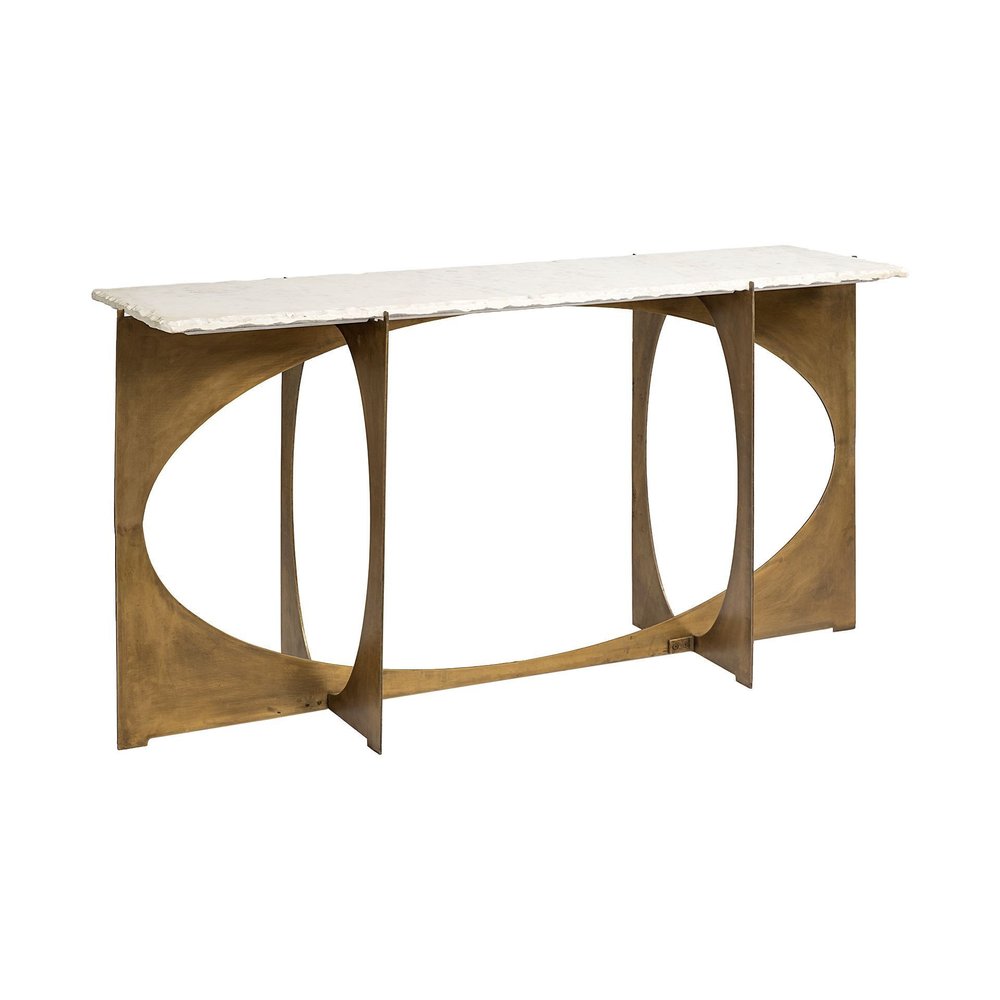 59" White and Gold Genuine Marble and Metal Geo Base Console Table