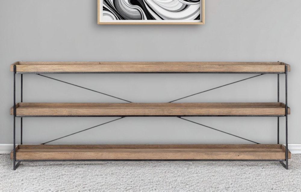 80" Light Brown and Black Solid Wood and Iron Console Table With Two Shelves