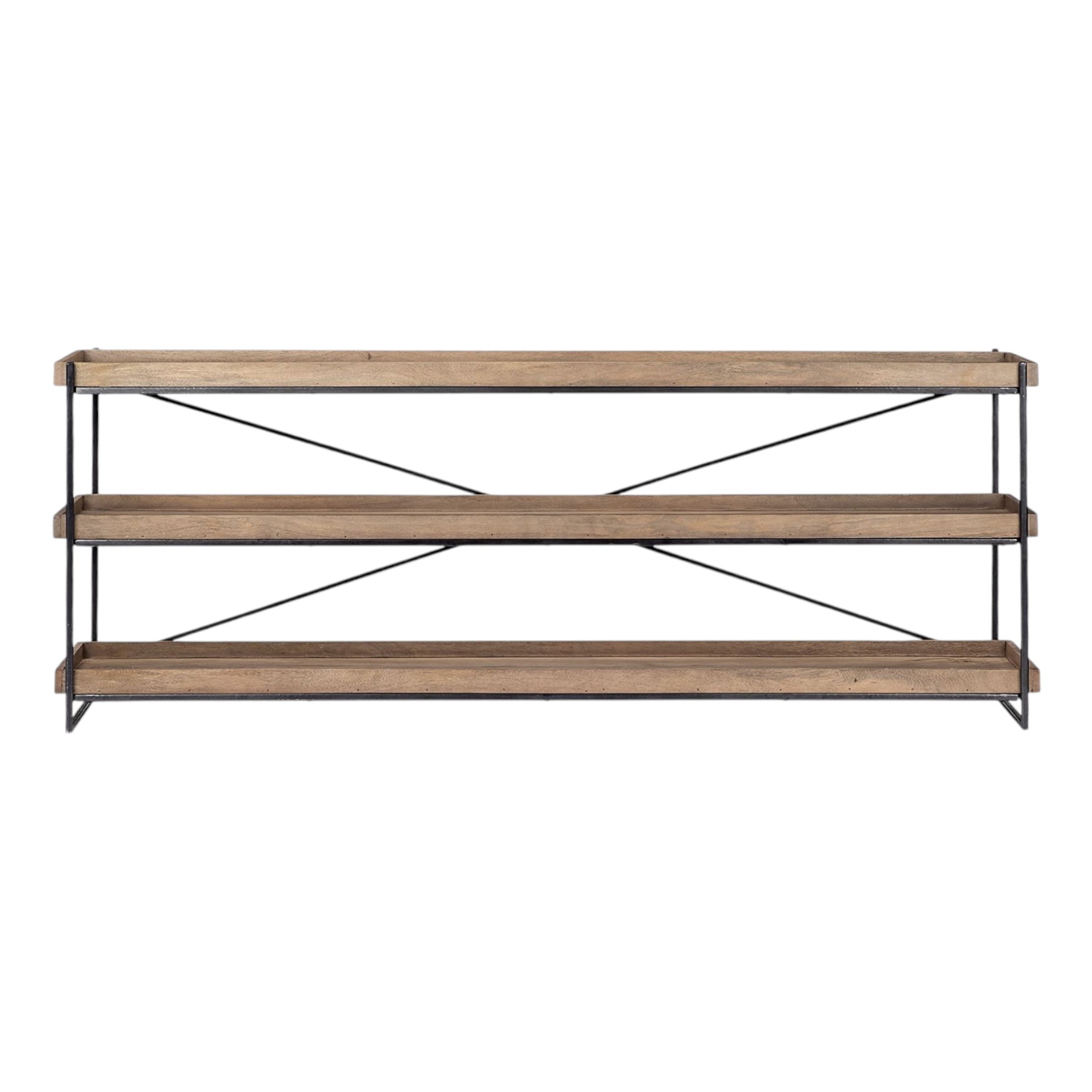 80" Light Brown and Black Solid Wood and Iron Console Table With Two Shelves