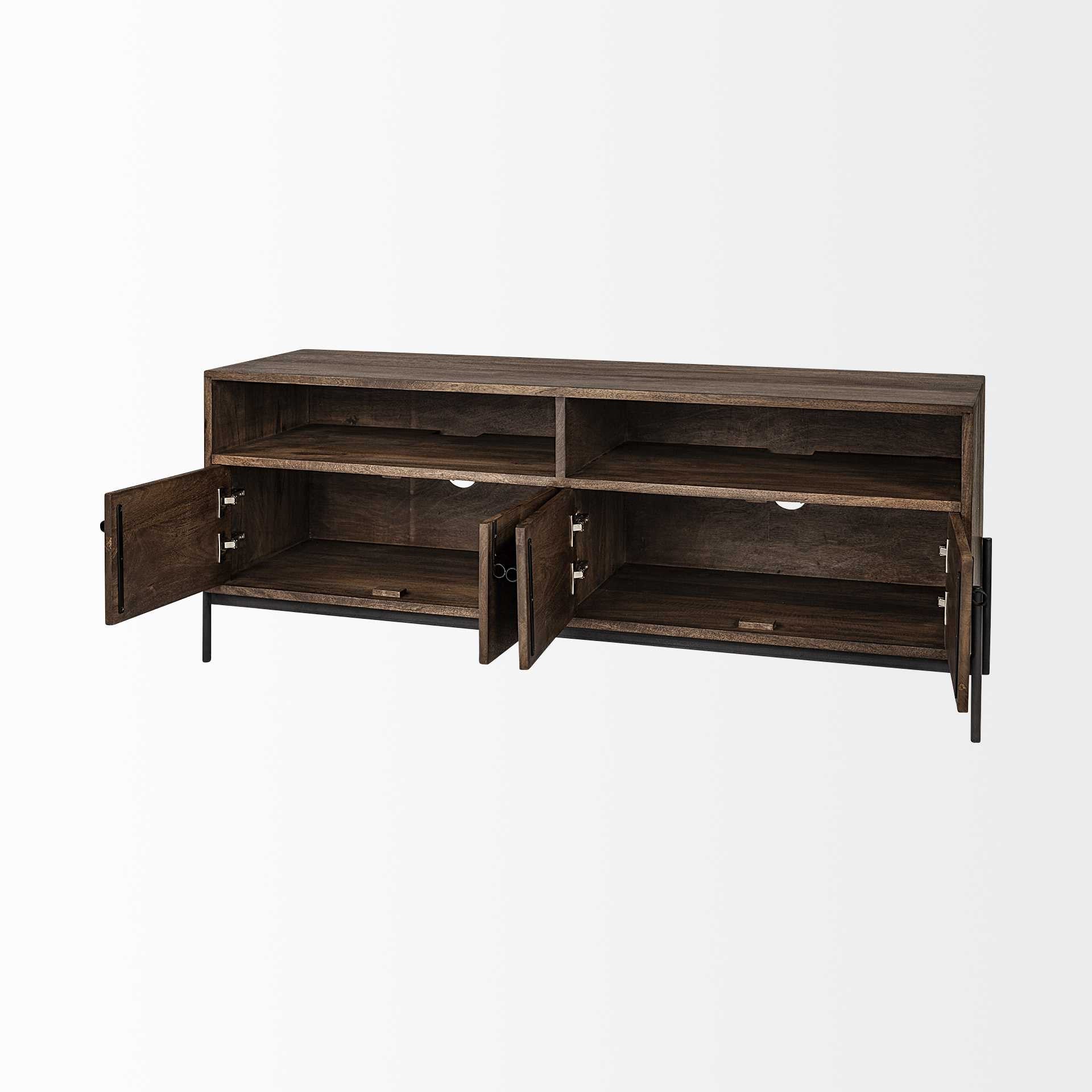 Medium Brown Mango Wood Finish TV Stand Media Console With 4 Doors And 2 Open Shelves