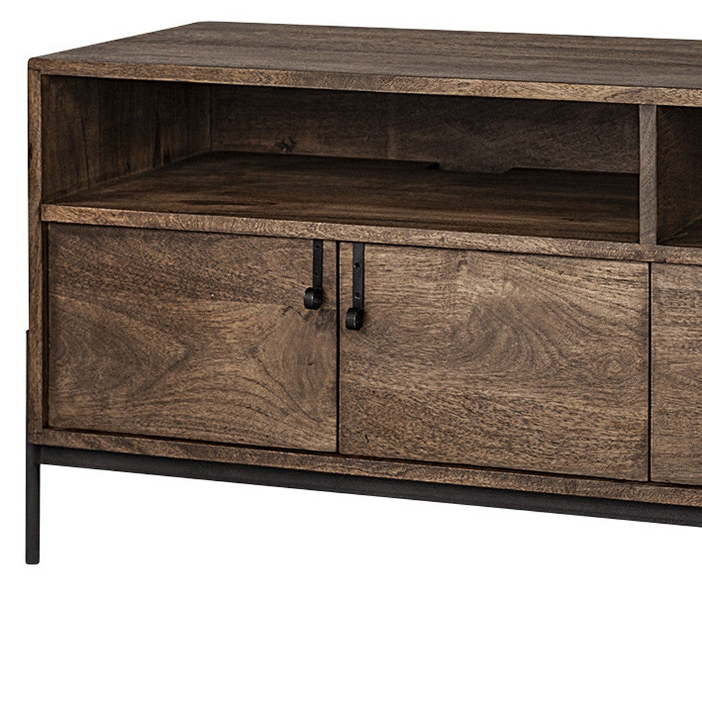 Medium Brown Mango Wood Finish TV Stand Media Console With 4 Doors And 2 Open Shelves