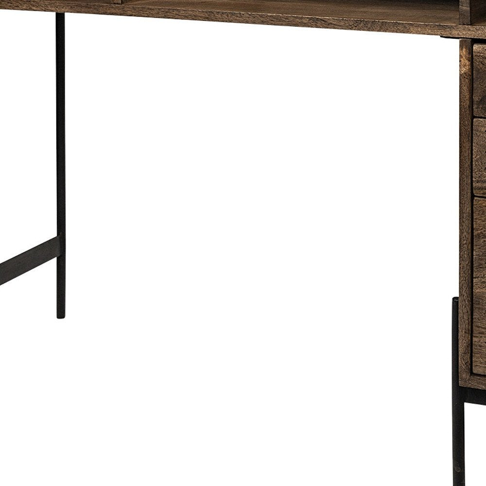 56" Medium Brown Wooden Writing Desk With 3 Drawers And 3 Open Shelves
