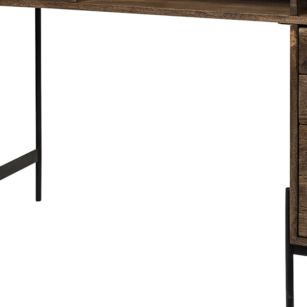 56" Medium Brown Wooden Writing Desk With 3 Drawers And 3 Open Shelves