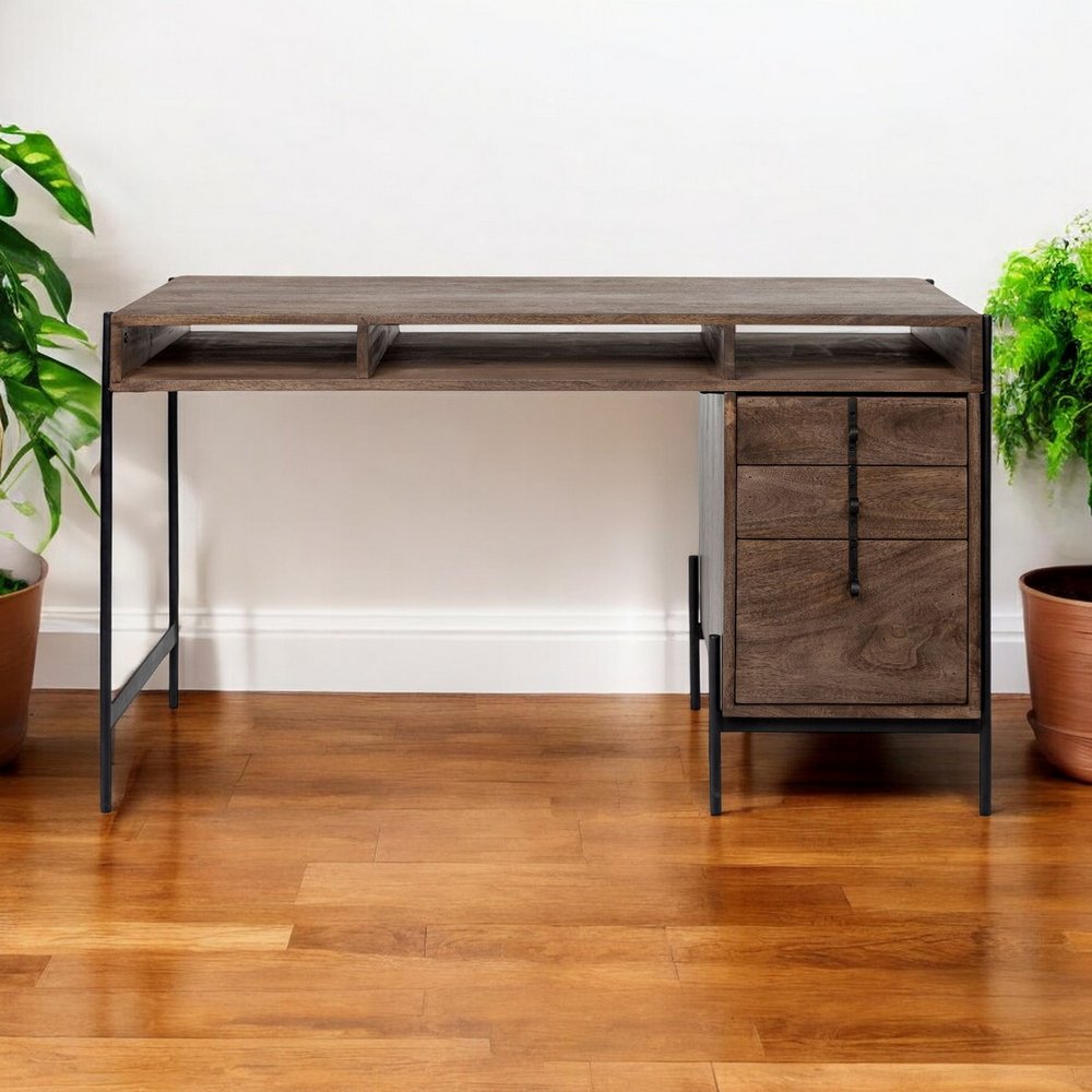 56" Medium Brown Wooden Writing Desk With 3 Drawers And 3 Open Shelves