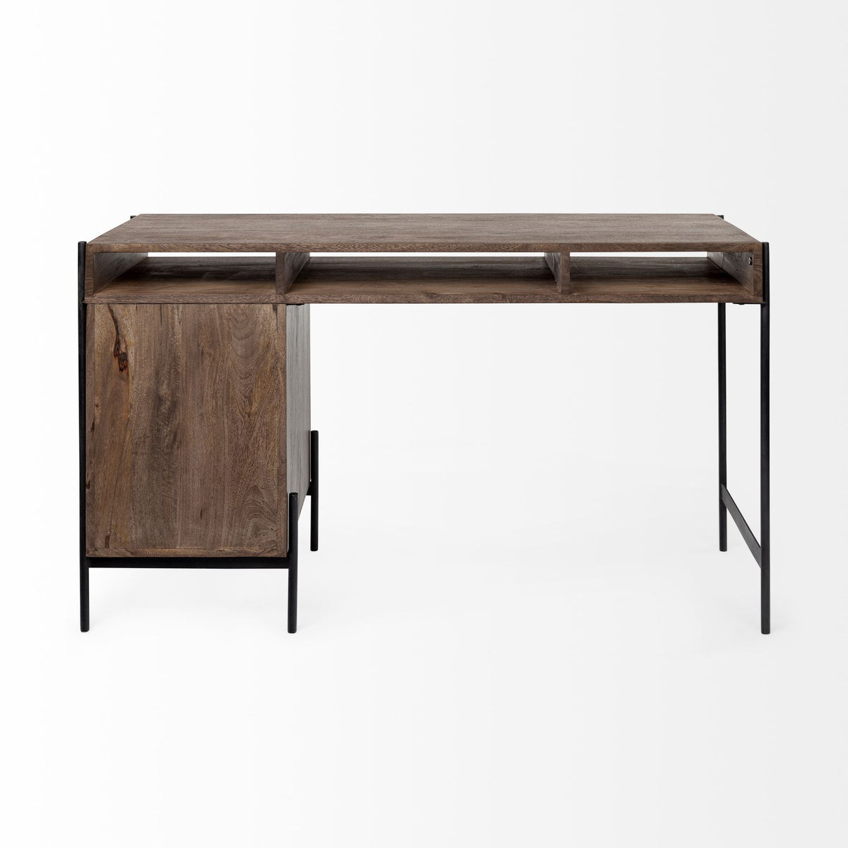56" Medium Brown Wooden Writing Desk With 3 Drawers And 3 Open Shelves