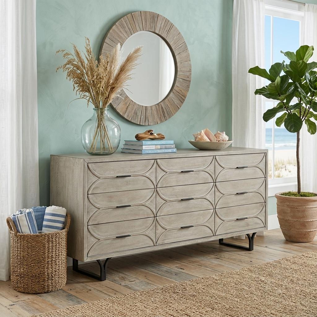 70" Light Brown Solid Wood Nine Drawer Sideboard
