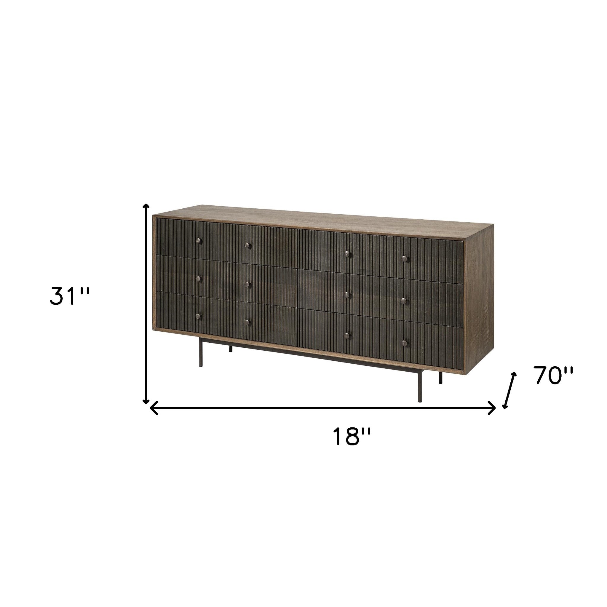 70" Brown and Black Solid Wood Six Drawer Sideboard