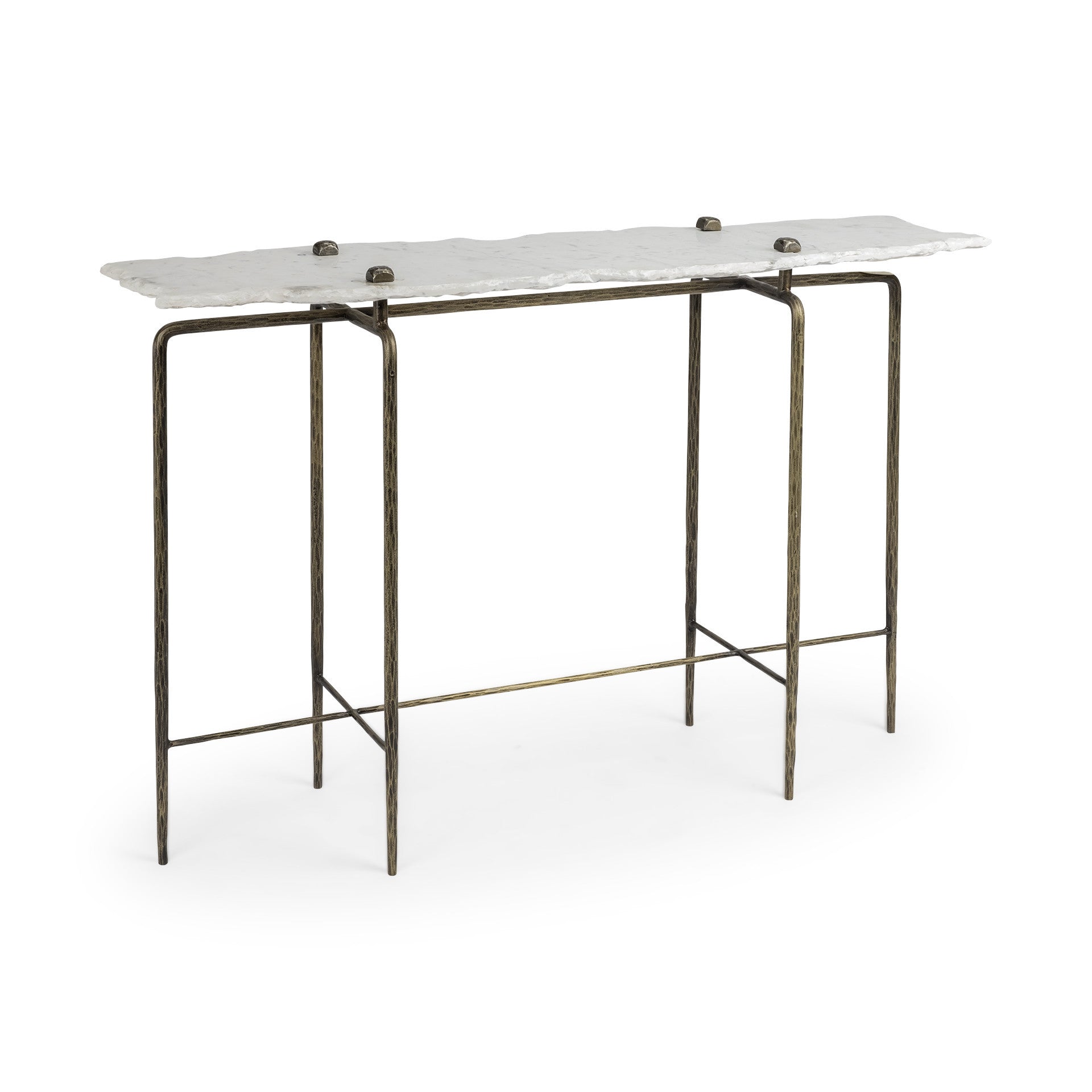 49" White and Brass Genuine Marble and Iron Distressed Six Leg Console Table