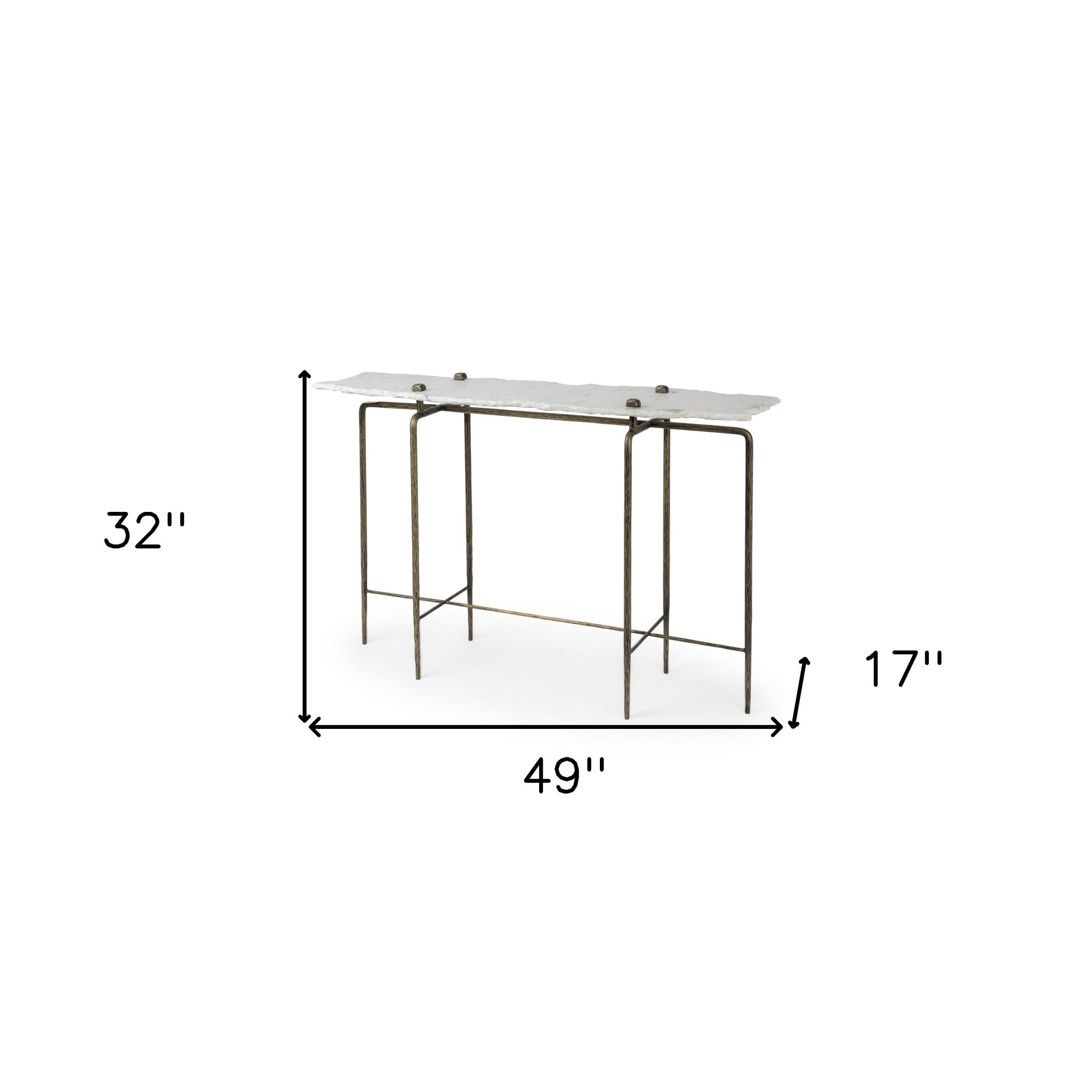 49" White and Brass Genuine Marble and Iron Distressed Six Leg Console Table