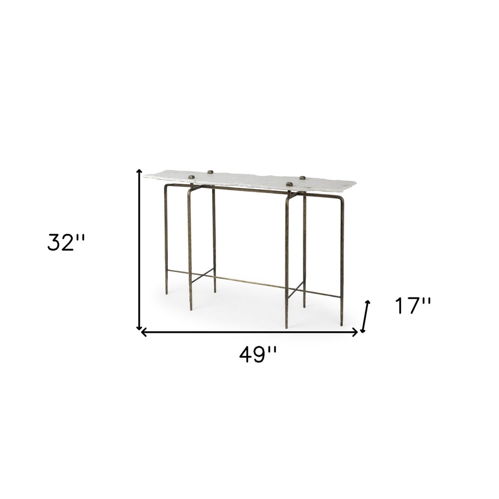 49" White and Brass Genuine Marble and Iron Distressed Six Leg Console Table