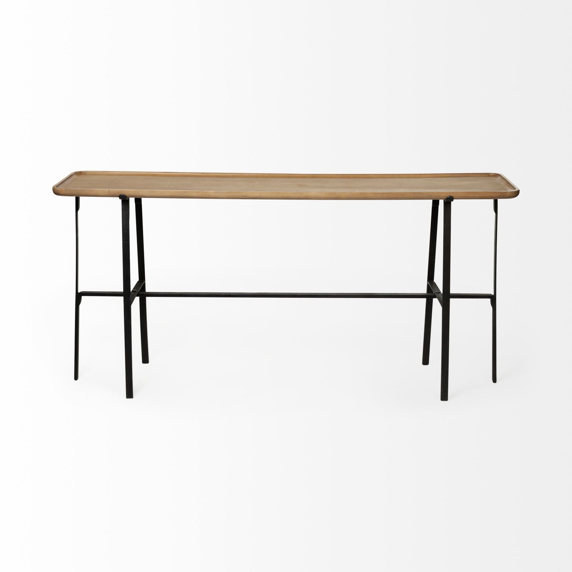 Rectangular Light Brown Raised Edge Mango Wood Finish Console Table With Black Metal Frame And Base