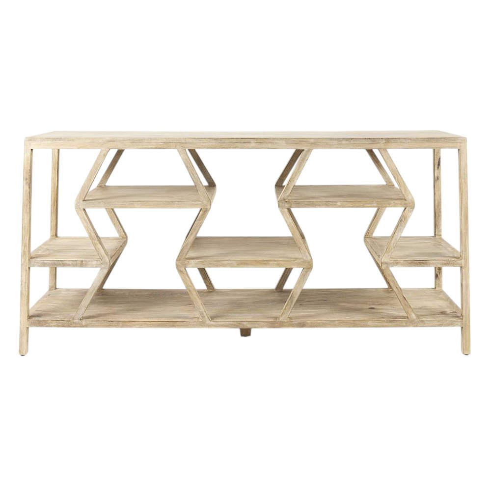 66" Light Brown Solid Wood Console Table Geometric Shelves