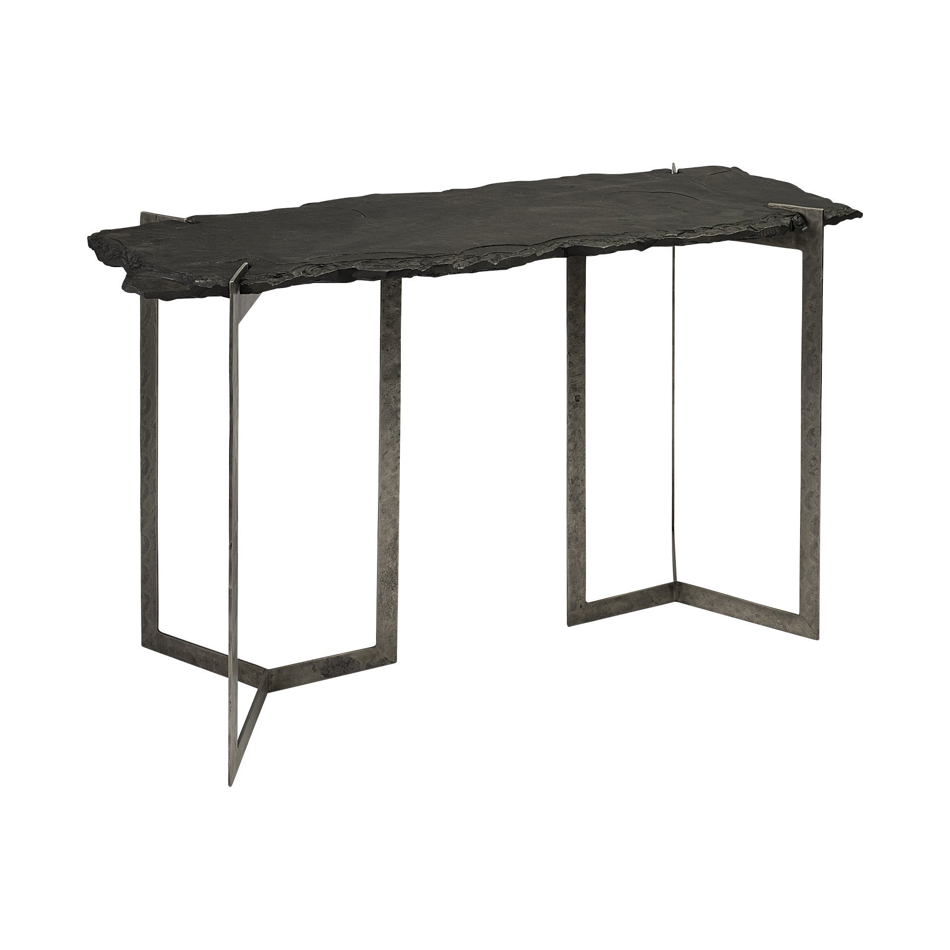 Rectangular Black Live Edge Slate Console Table With Double Pedestal Base