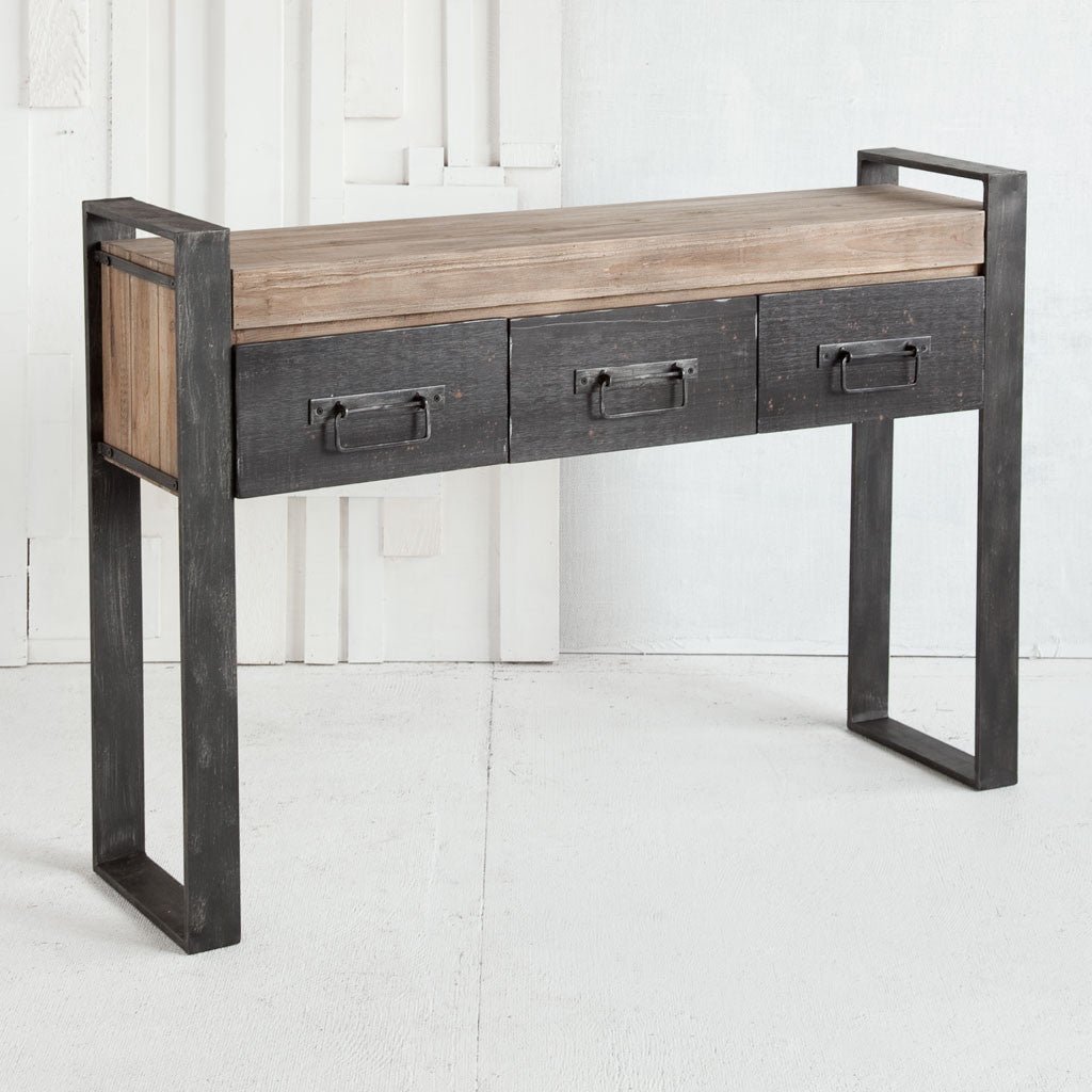 Medium Brown Wooden Console Table With Black Metal Frame And 3 Storage Drawers