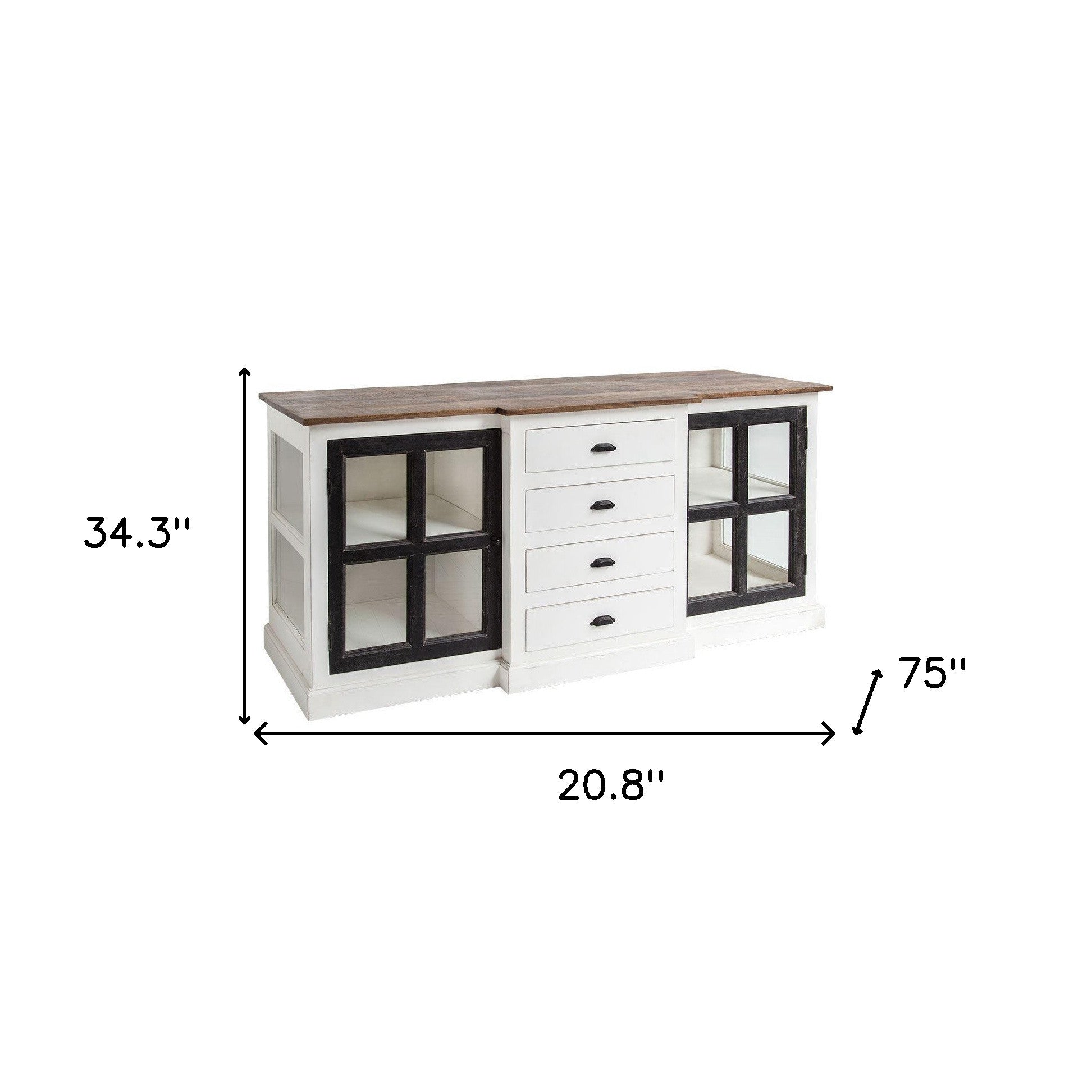 75" Brown and White Solid Wood Four Drawer Sideboard with Two Glass Doors