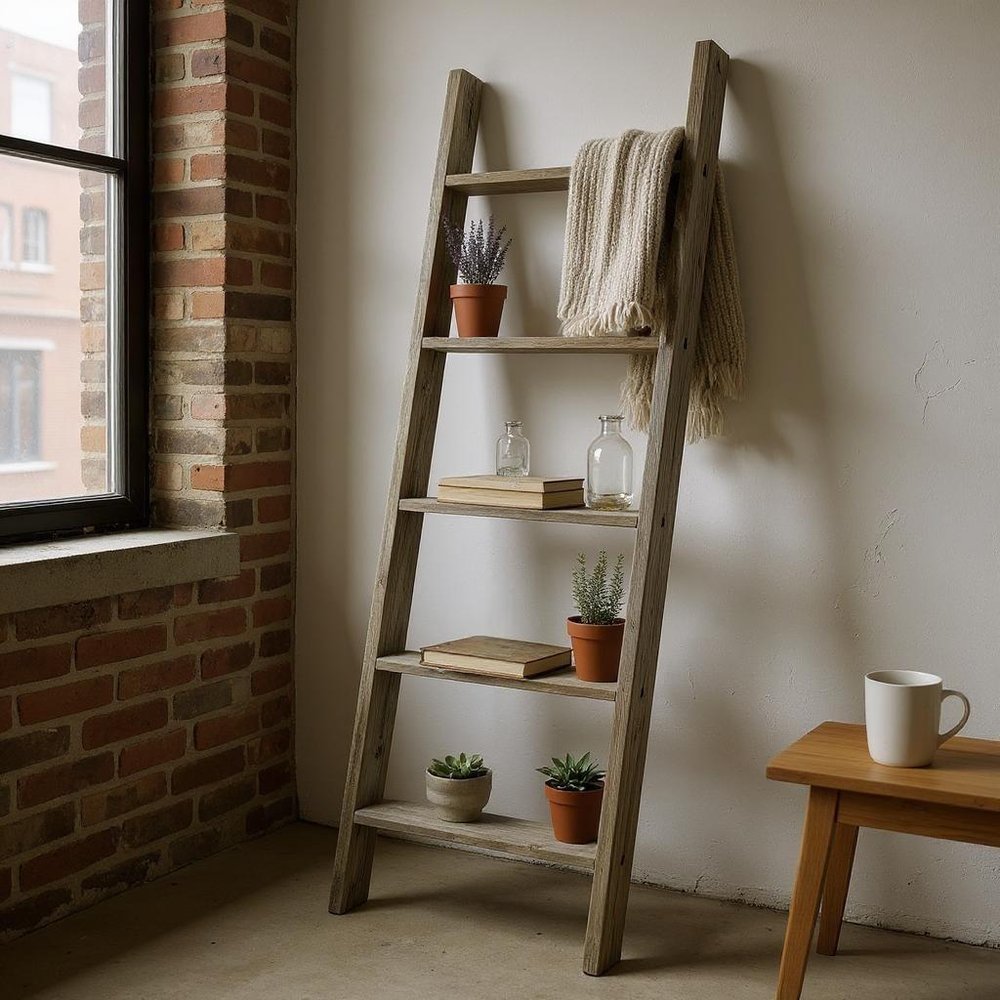 60" Gray Rustic Five Step Wood Ladder Shelf