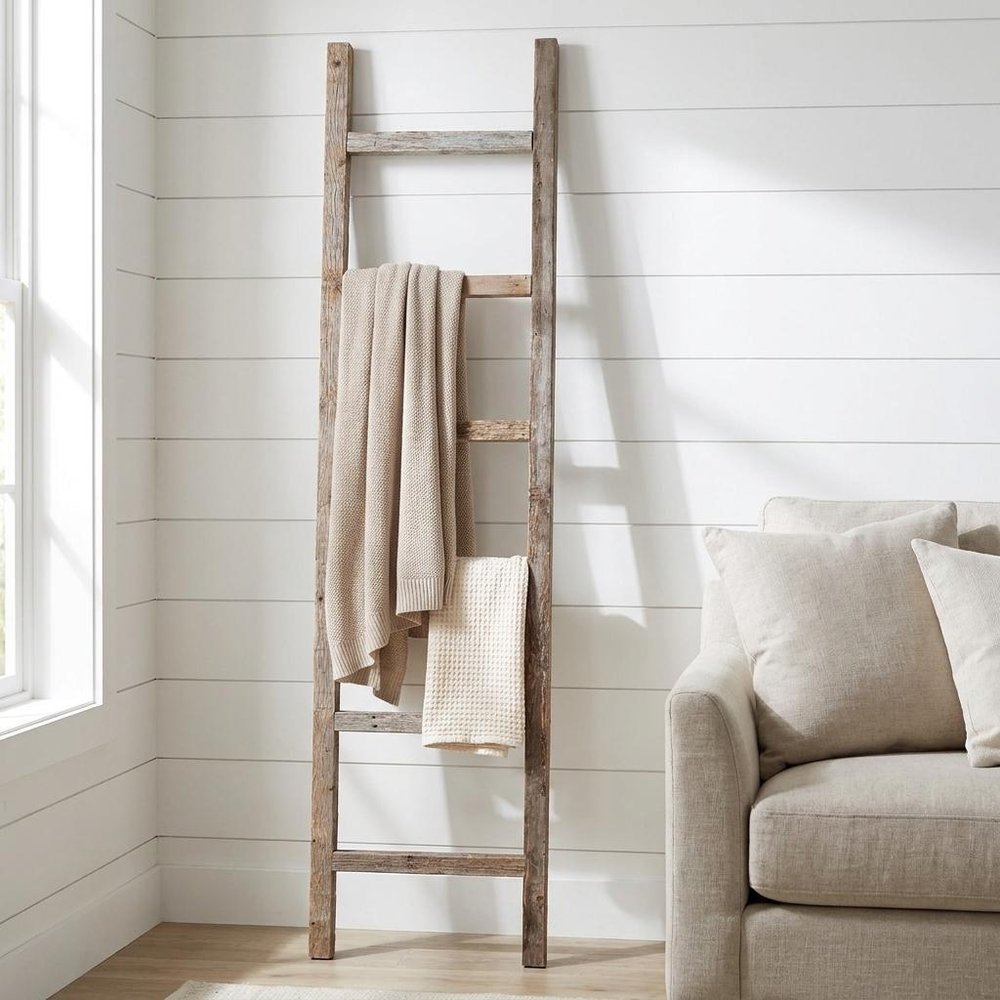 72" Gray Rustic Seven Step Wood Ladder Shelf