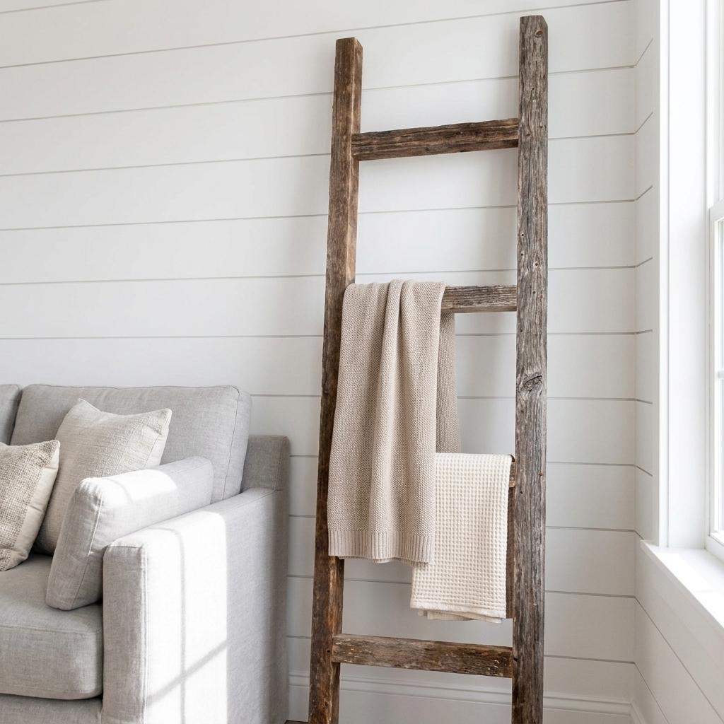 48" Gray Distressed Solid Wood Four Step Ladder Shelf