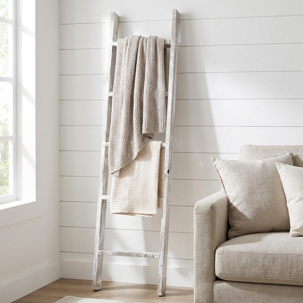 60" White Distressed Solid Wood Four Step Ladder Shelf