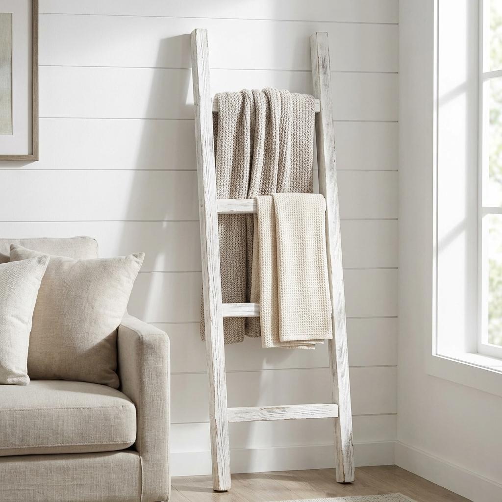48" White Distressed Solid Wood Four Step Ladder Shelf