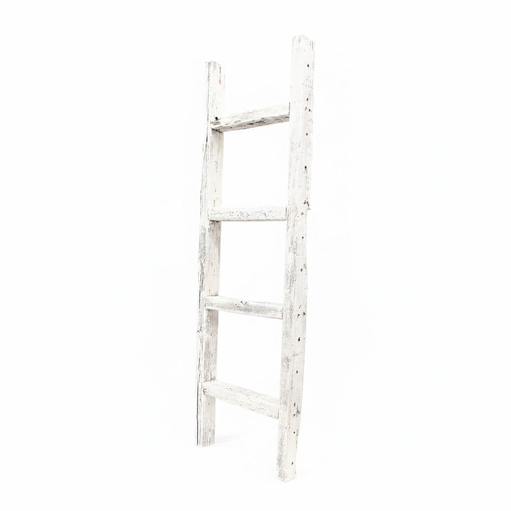 48" White Distressed Solid Wood Four Step Ladder Shelf