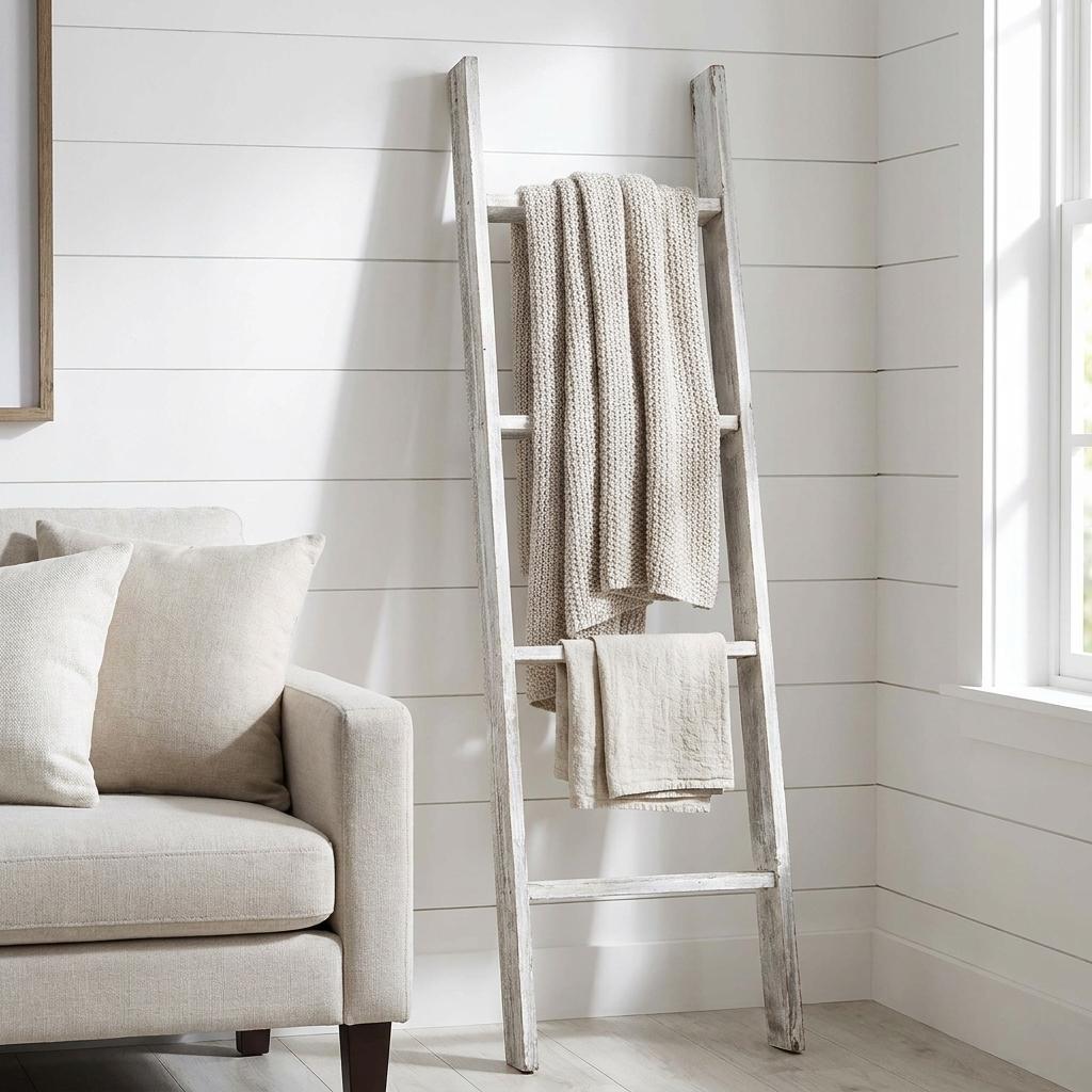 49" White Distressed Solid Wood Four Step Ladder Shelf