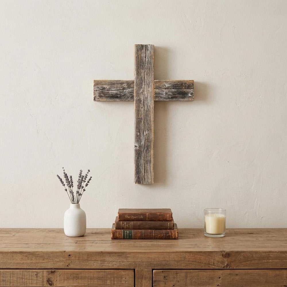 16" X 11" Gray Wood Cross Hanging Dimensional Sculpture