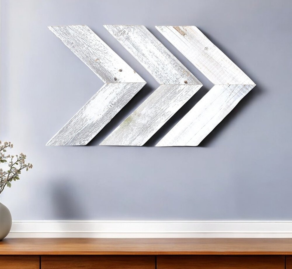 Set of Three White Distressed Wood Hanging Arrow Dimensional Sculptures