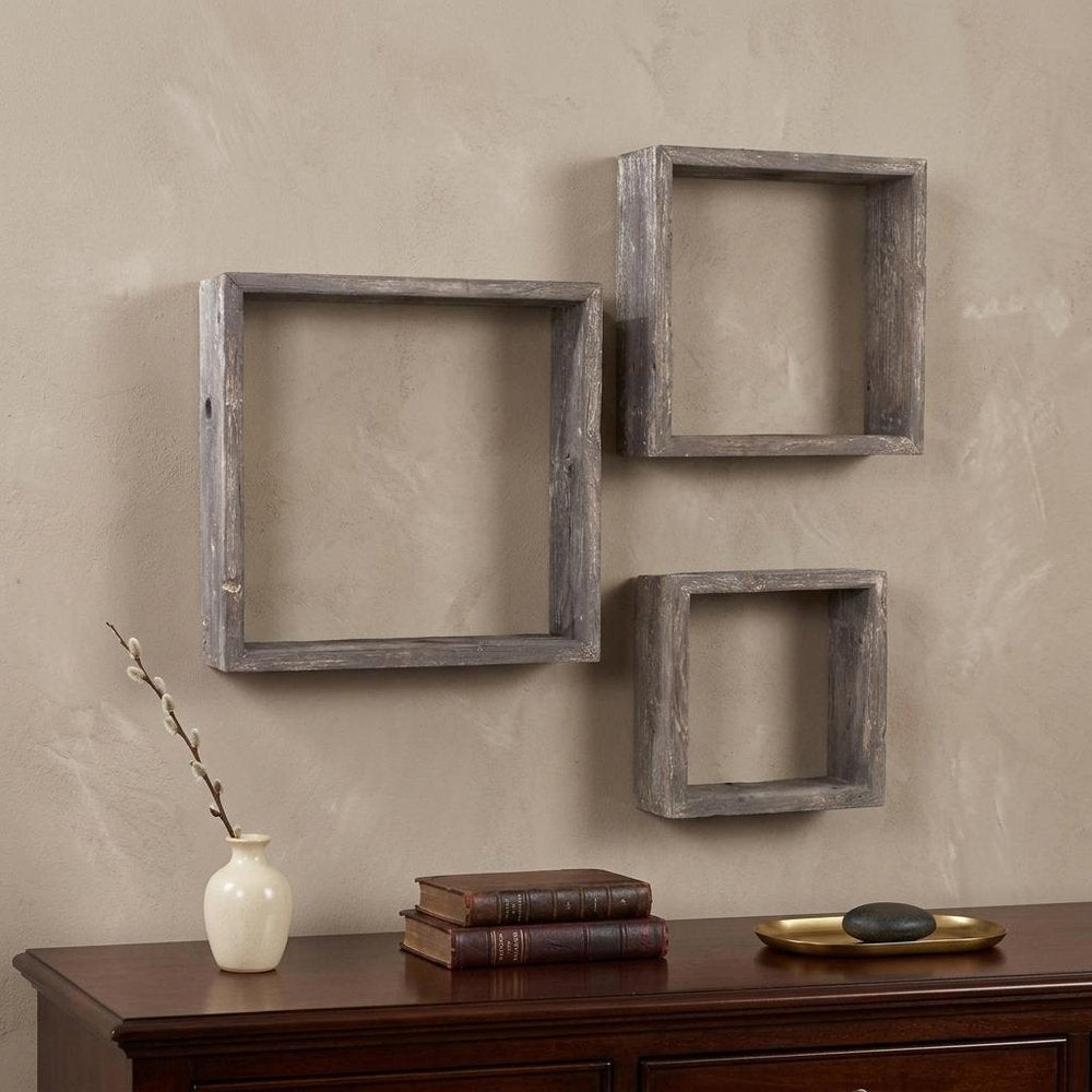 Set of Three Espresso Wood Square Hanging Dimensional Sculpture