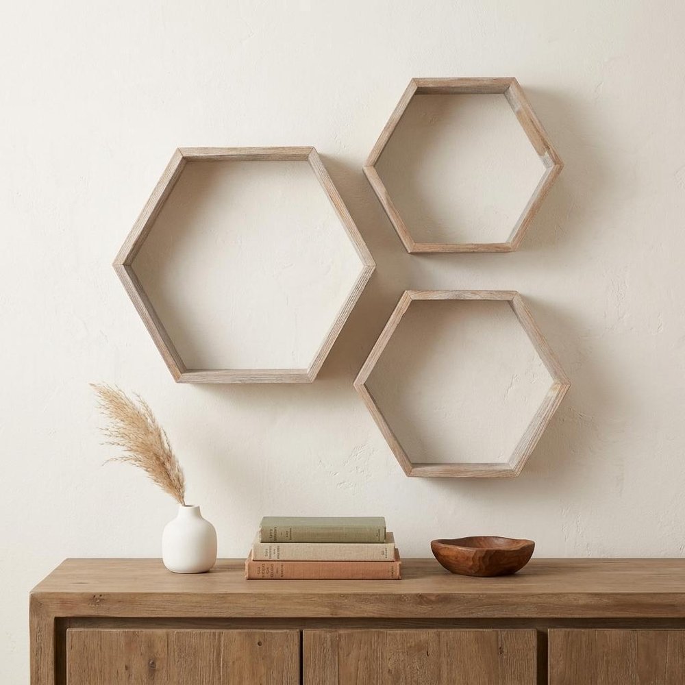 Set of Three Gray Wood Hexagon Wood Open Box Shelves