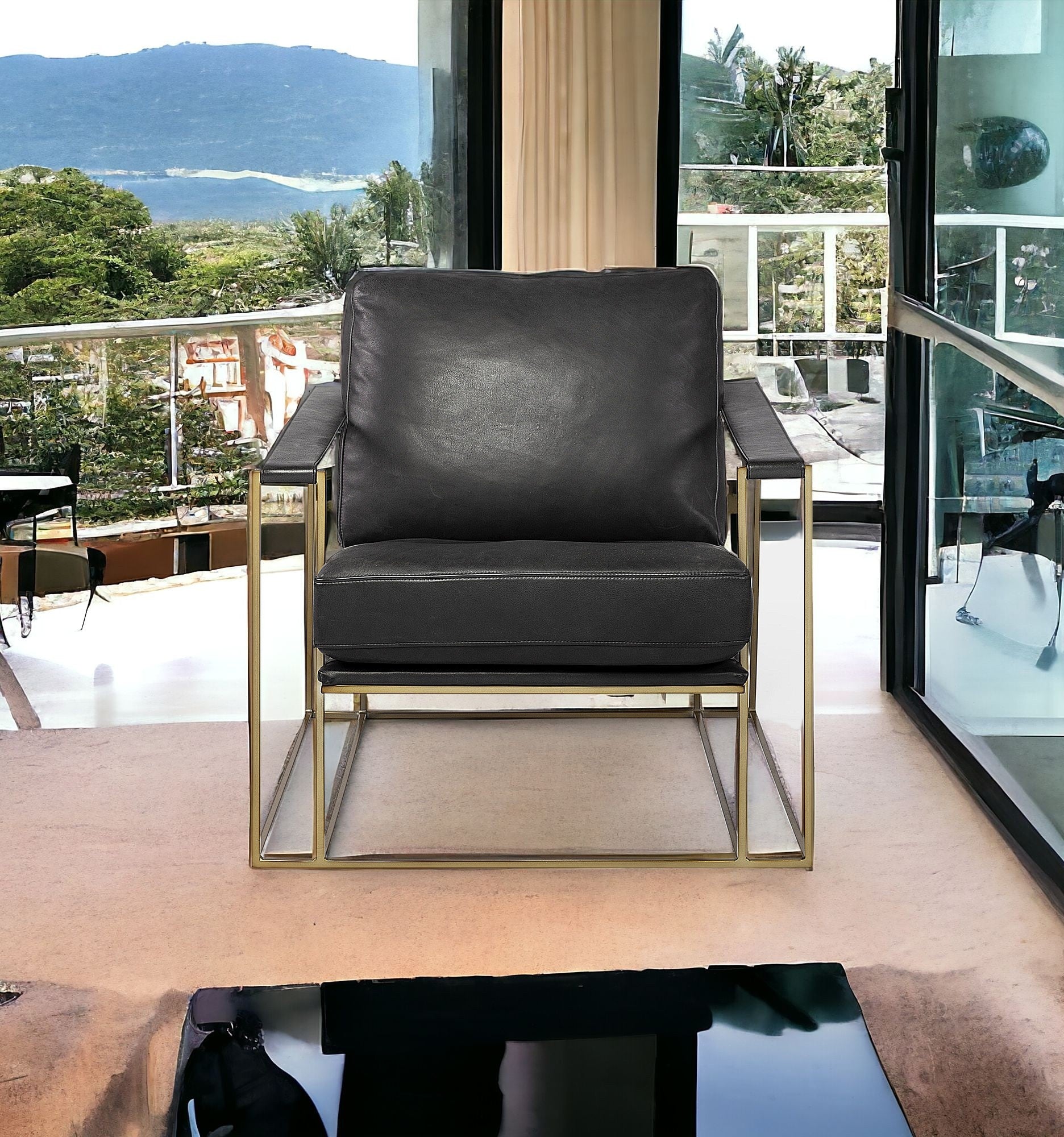 34" Black And Gold Faux Leather Lounge Chair