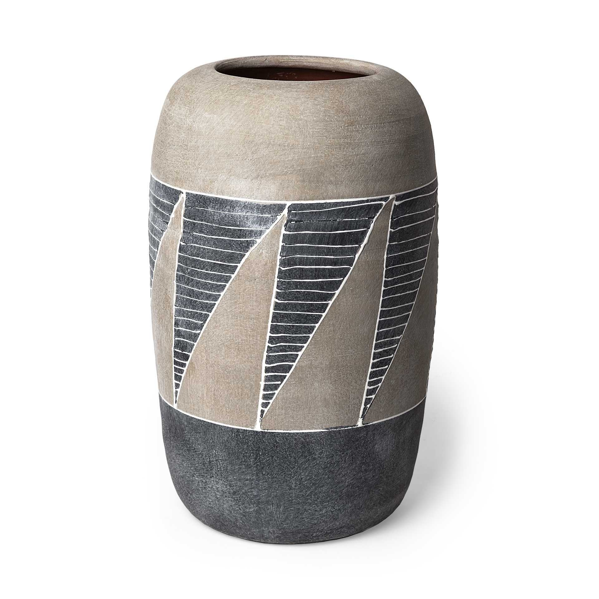 15" Brown And Gray Geometric Cylinder Ceramic Table Vase