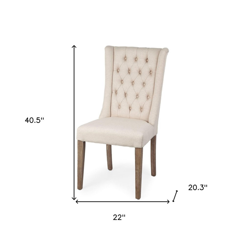 Tufted Cream and Brown Upholstered Linen Wing Back Dining Side Chair