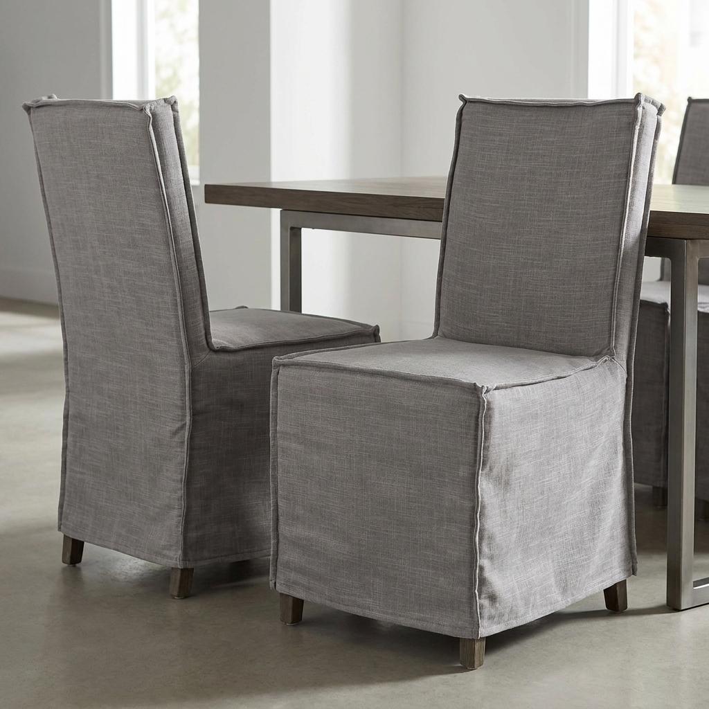 Set Of Two Gray And Brown Slipcovered Wood Parsons Chairs