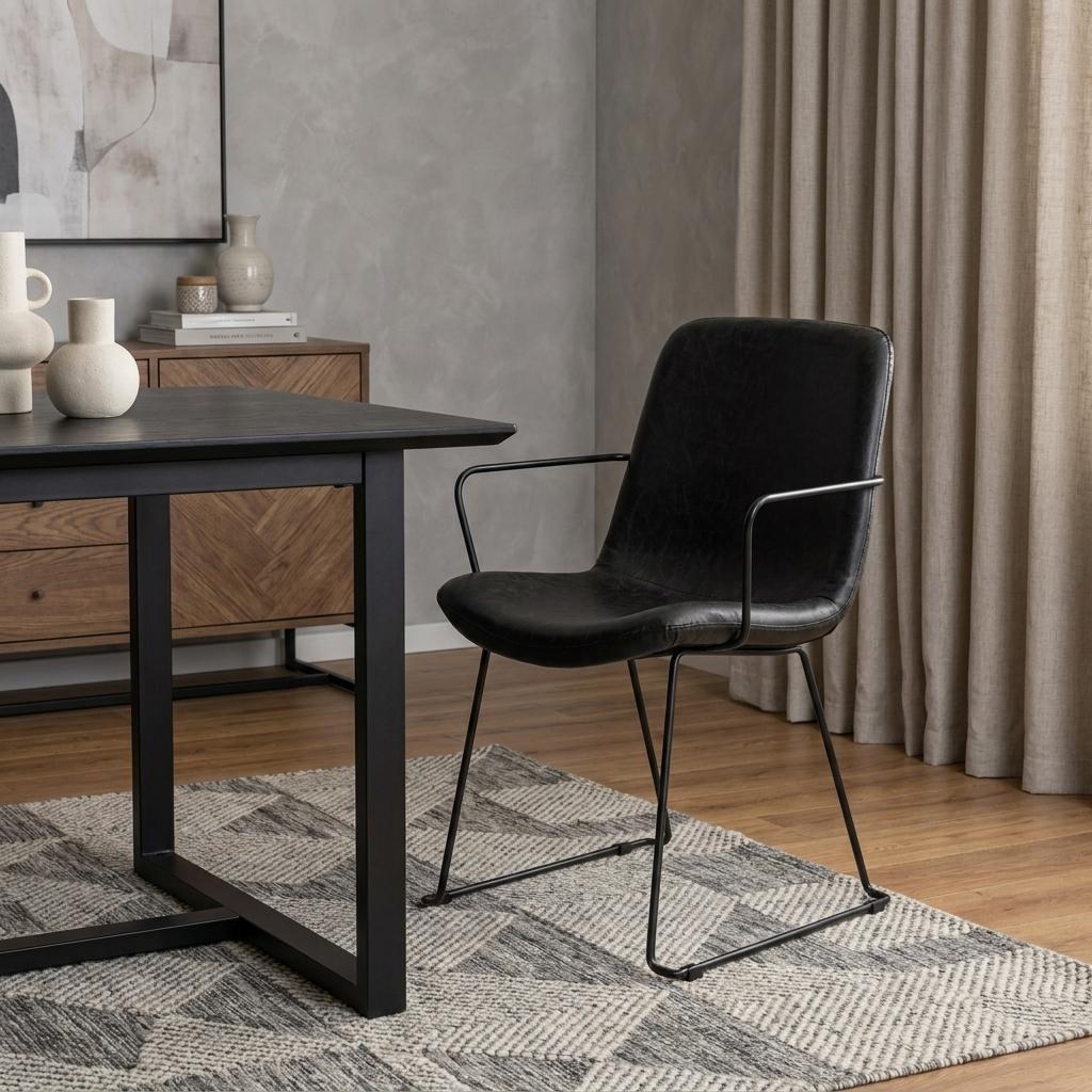 Black Upholstered Faux Leather Dining Arm Chair