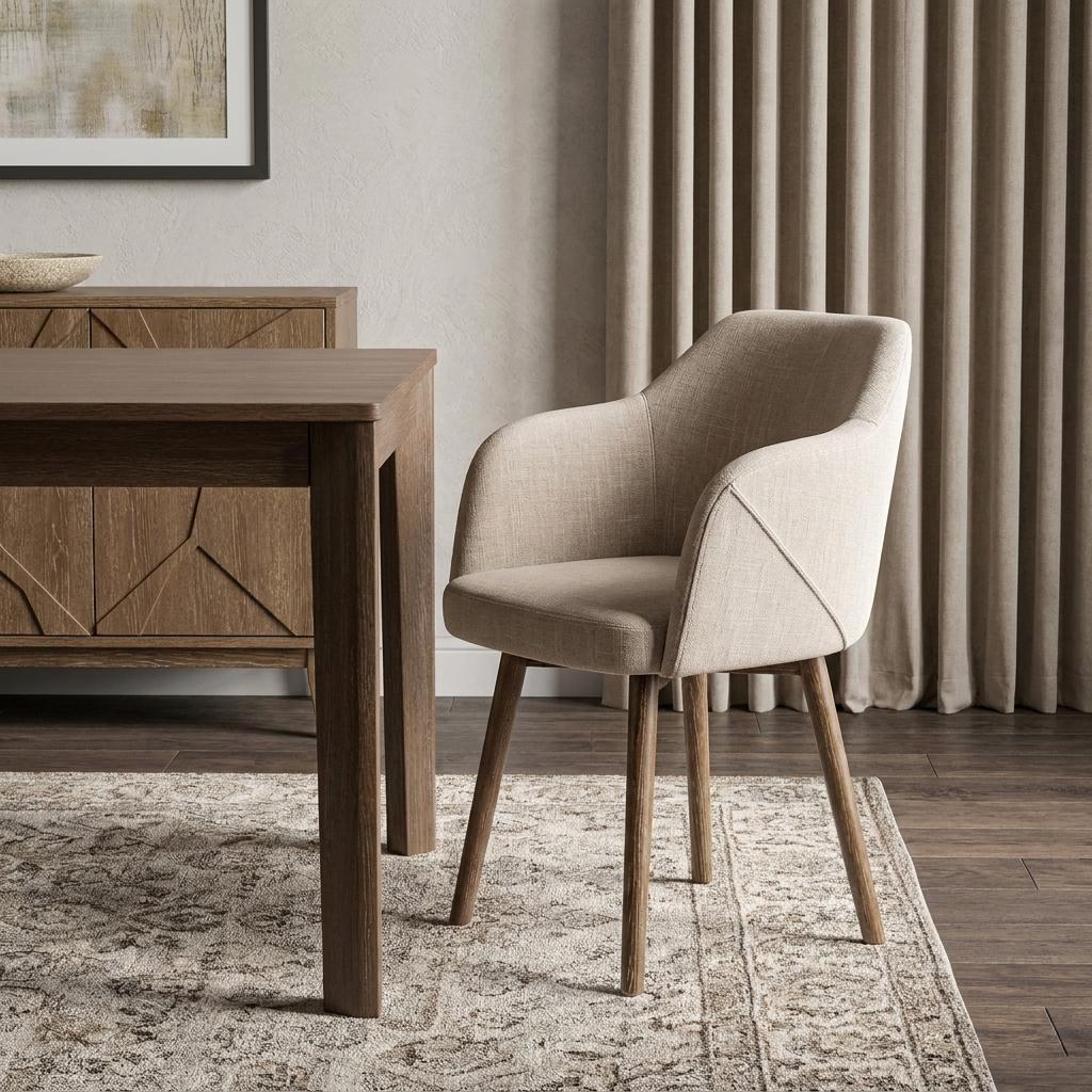 Cream and Brown Upholstered Fabric Dining Arm Chair