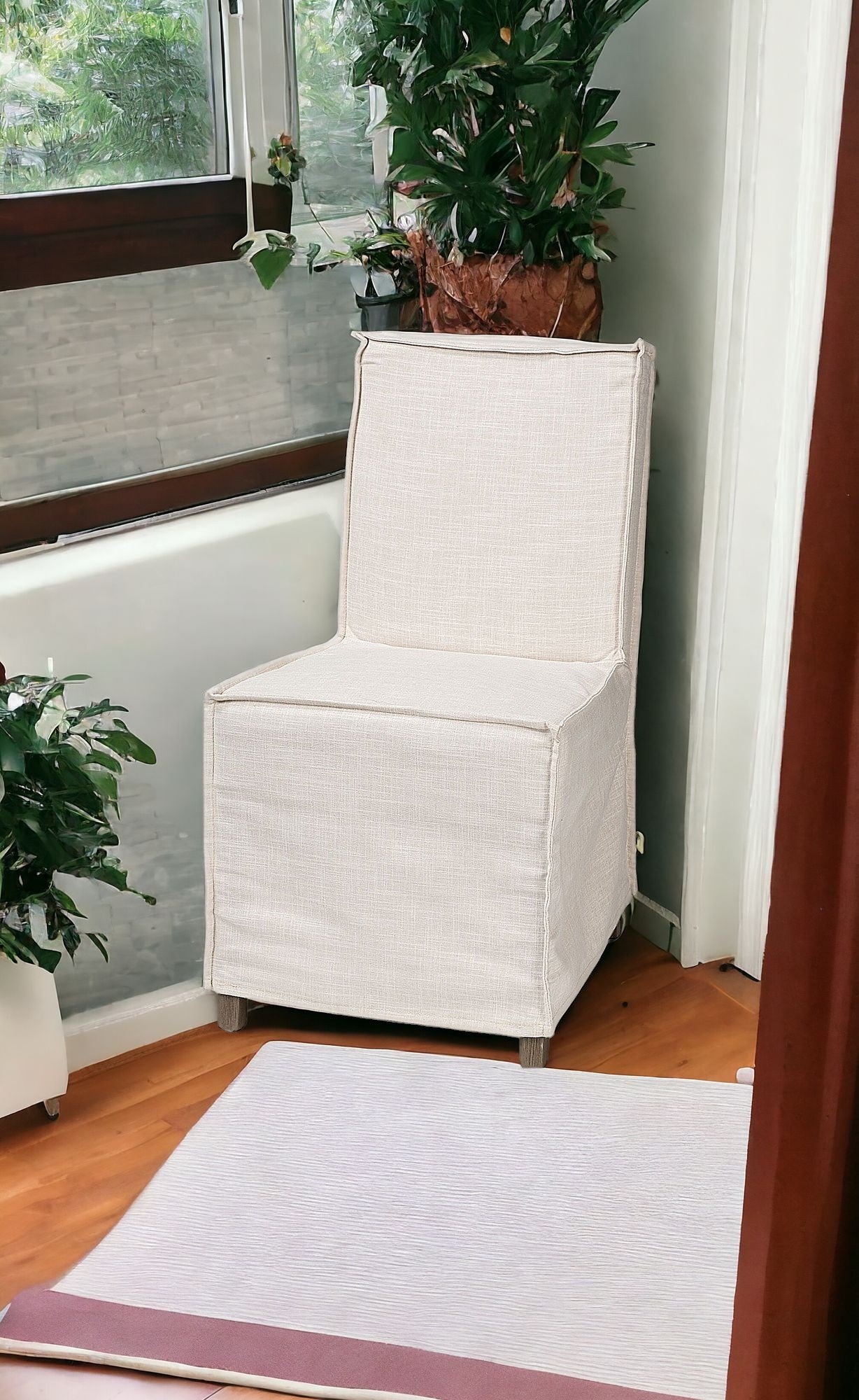 Beige And Brown Slipcovered Wood Parsons chair