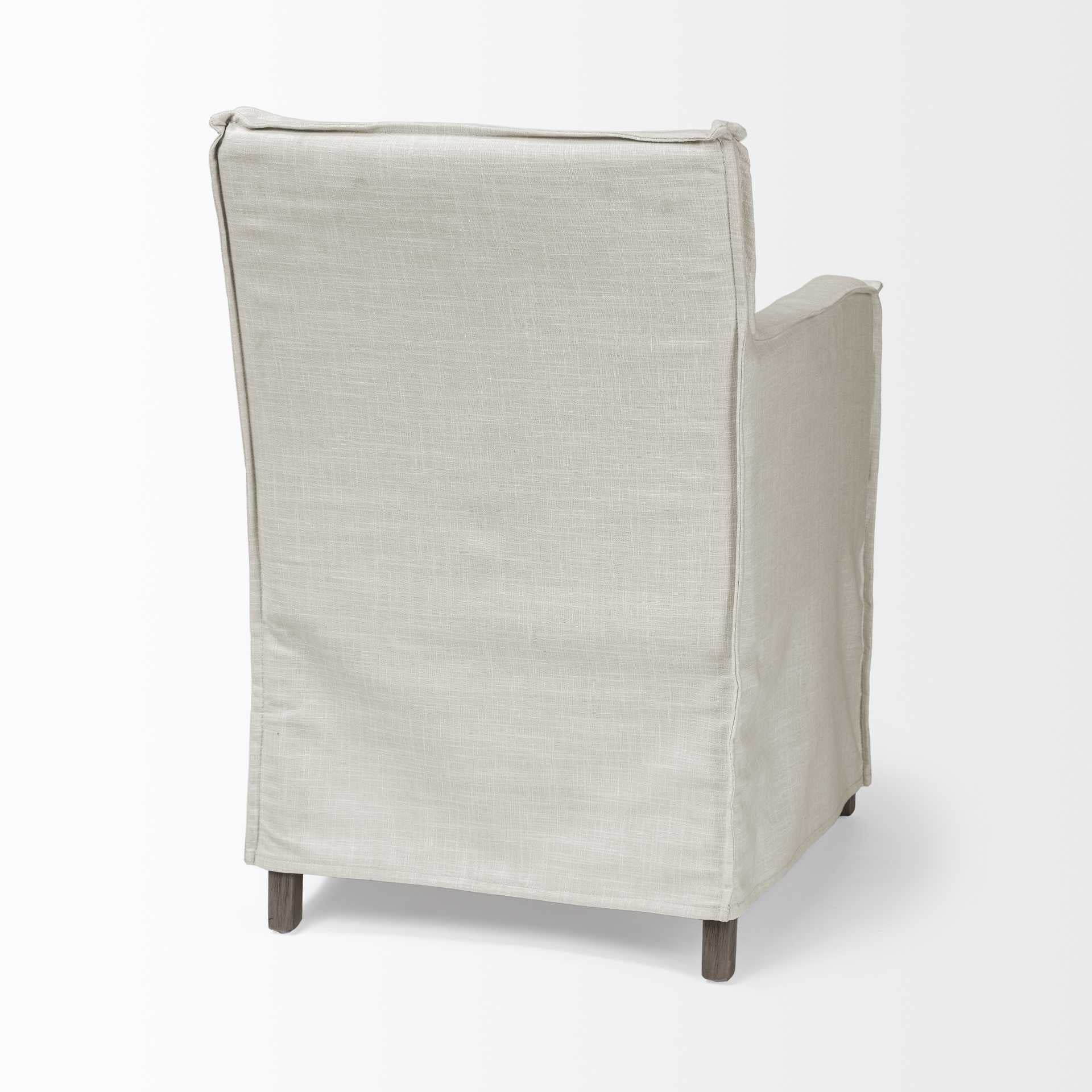 Cream and Brown Slipcovered Upholstered Fabric Dining Arm Chair