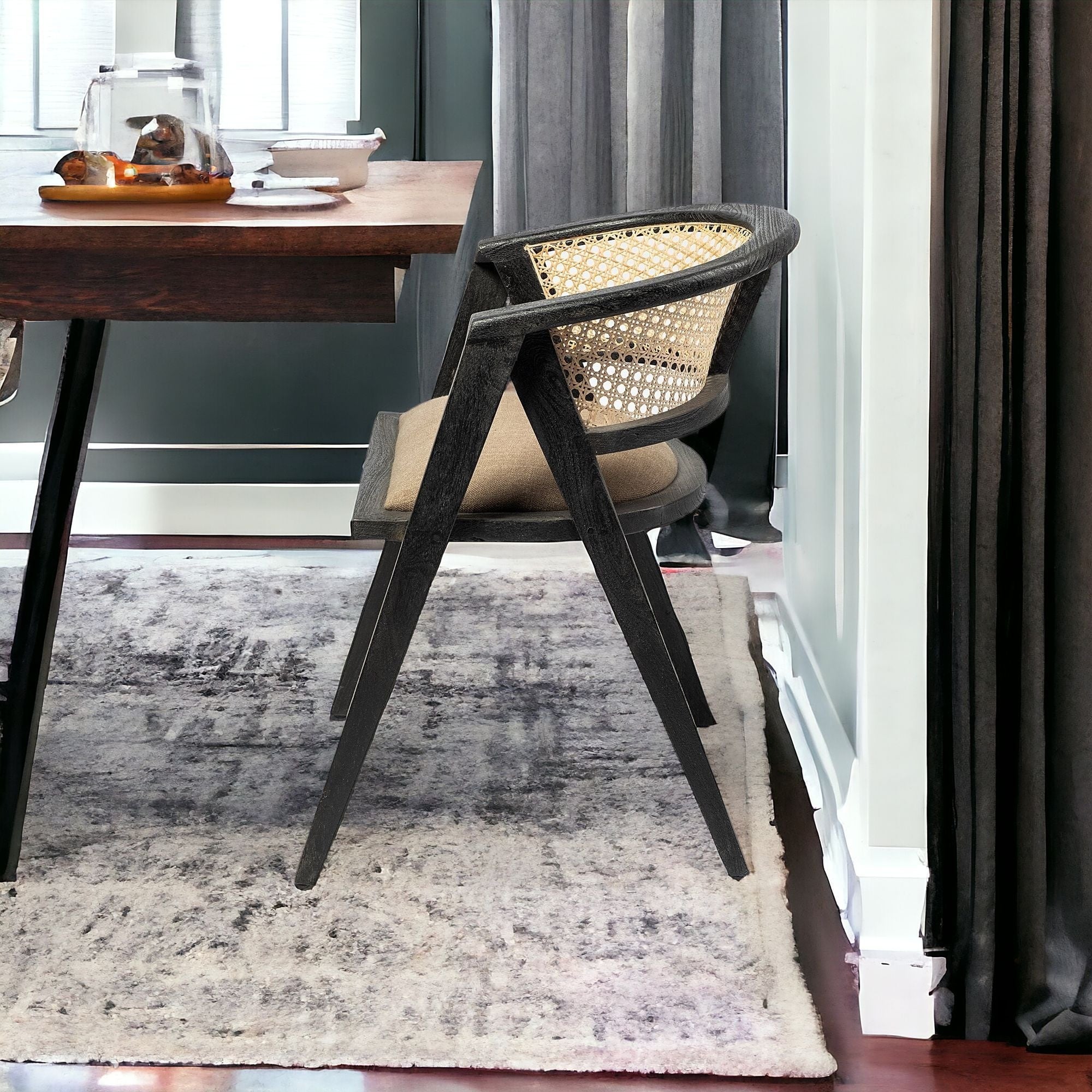 Grey Linen With Black Wooden Frame Wrap Seat Dining Chair