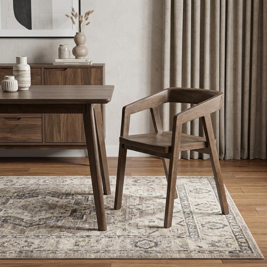 Set Of Two Brown Wood Open Back Arm Chairs