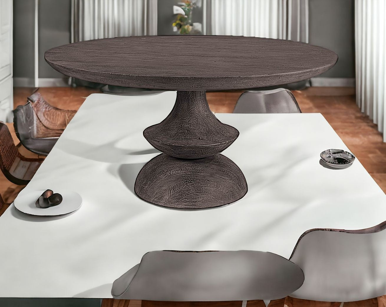 60" Gray Rounded Solid Wood Pedestal Base Dining Table