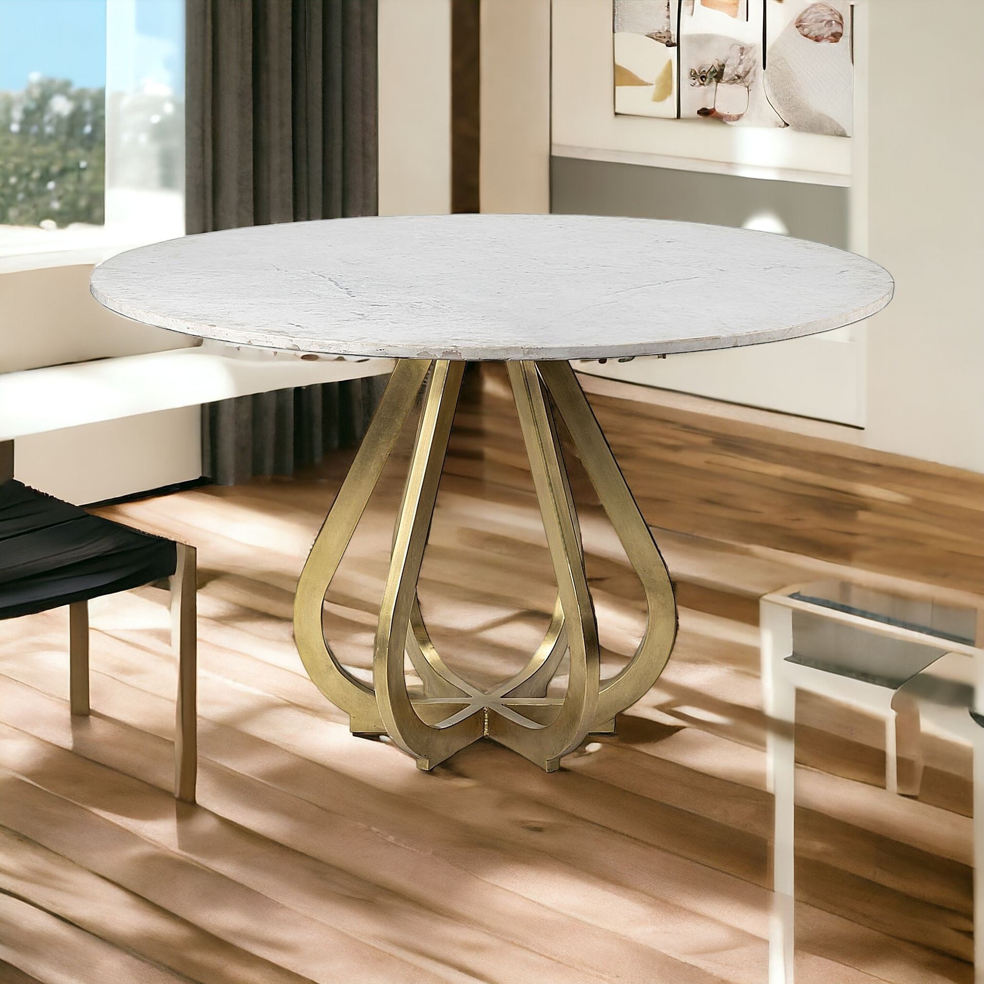 48" White And Gold Rounded Marble And Metal Pedestal Base Dining Table