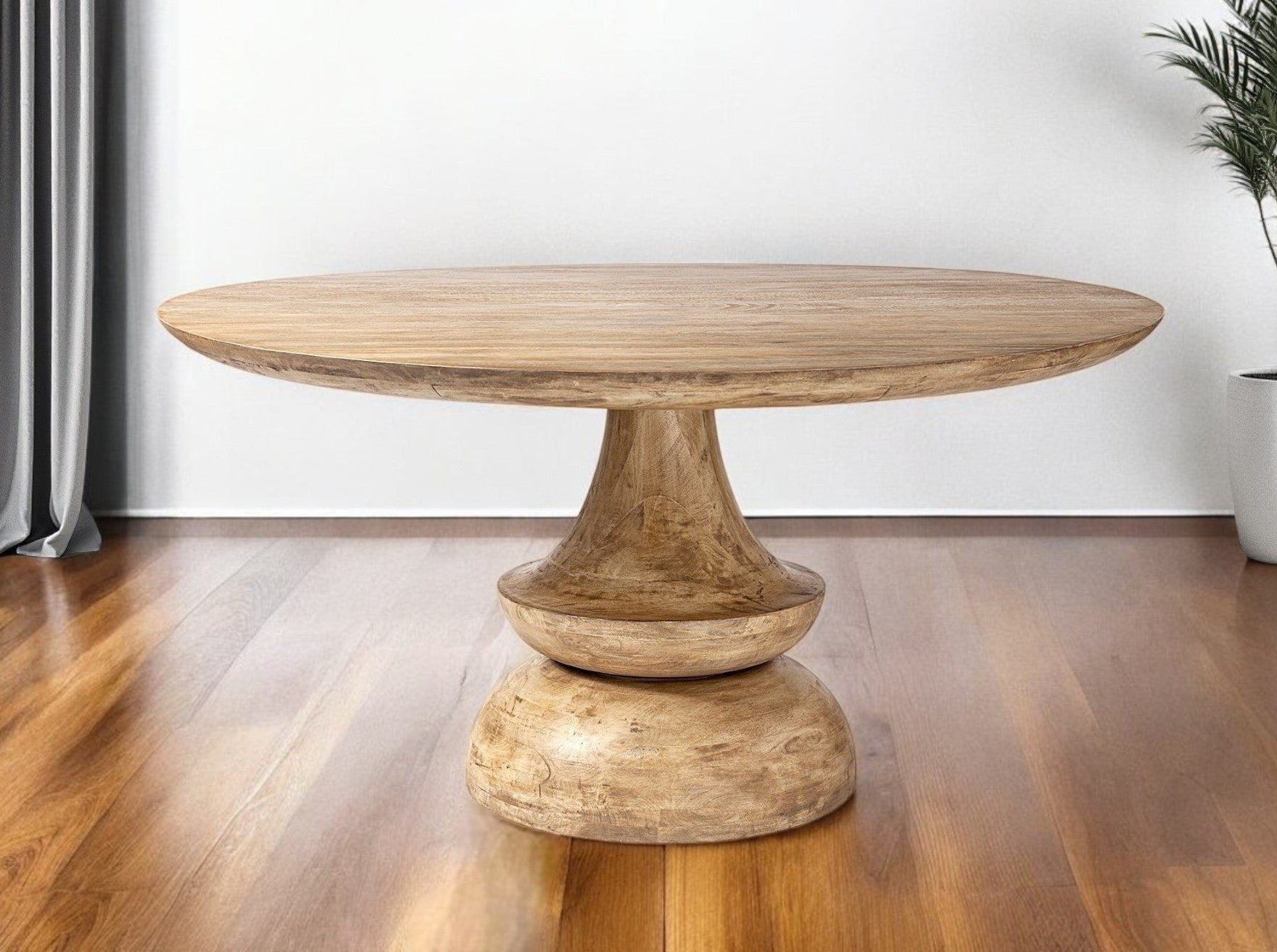 60" Natural Rounded Solid Wood Pedestal Base Dining Table