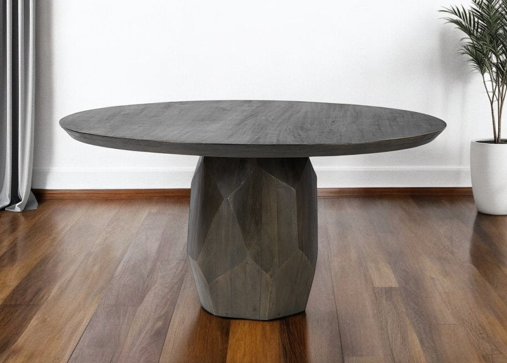 60" Brown Rounded Solid Wood Pedestal Base Dining Table