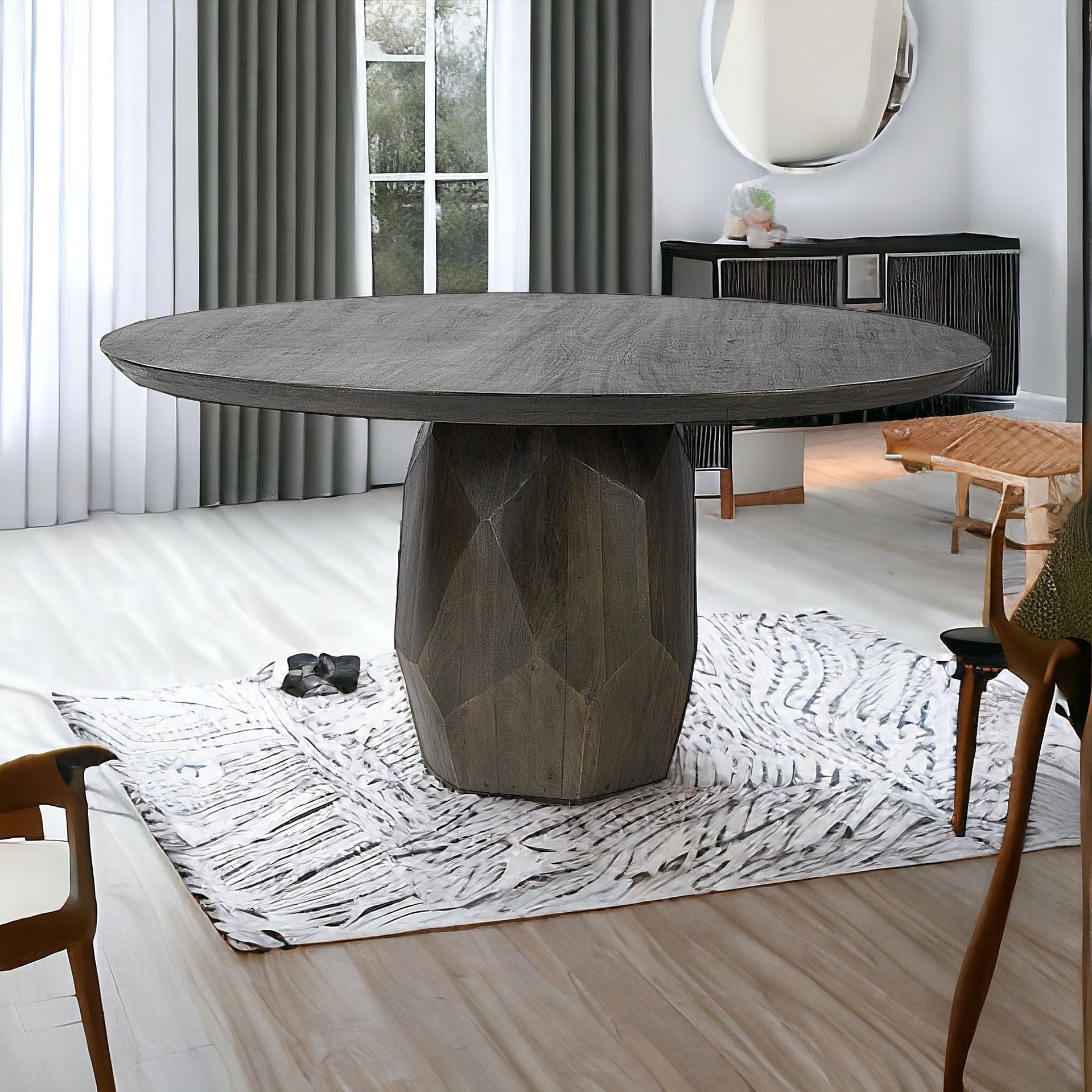 60" Brown Rounded Solid Wood Pedestal Base Dining Table