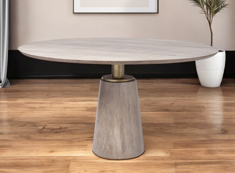 54" Brown And Gold Rounded Solid Wood And Metal Pedestal Base Dining Table