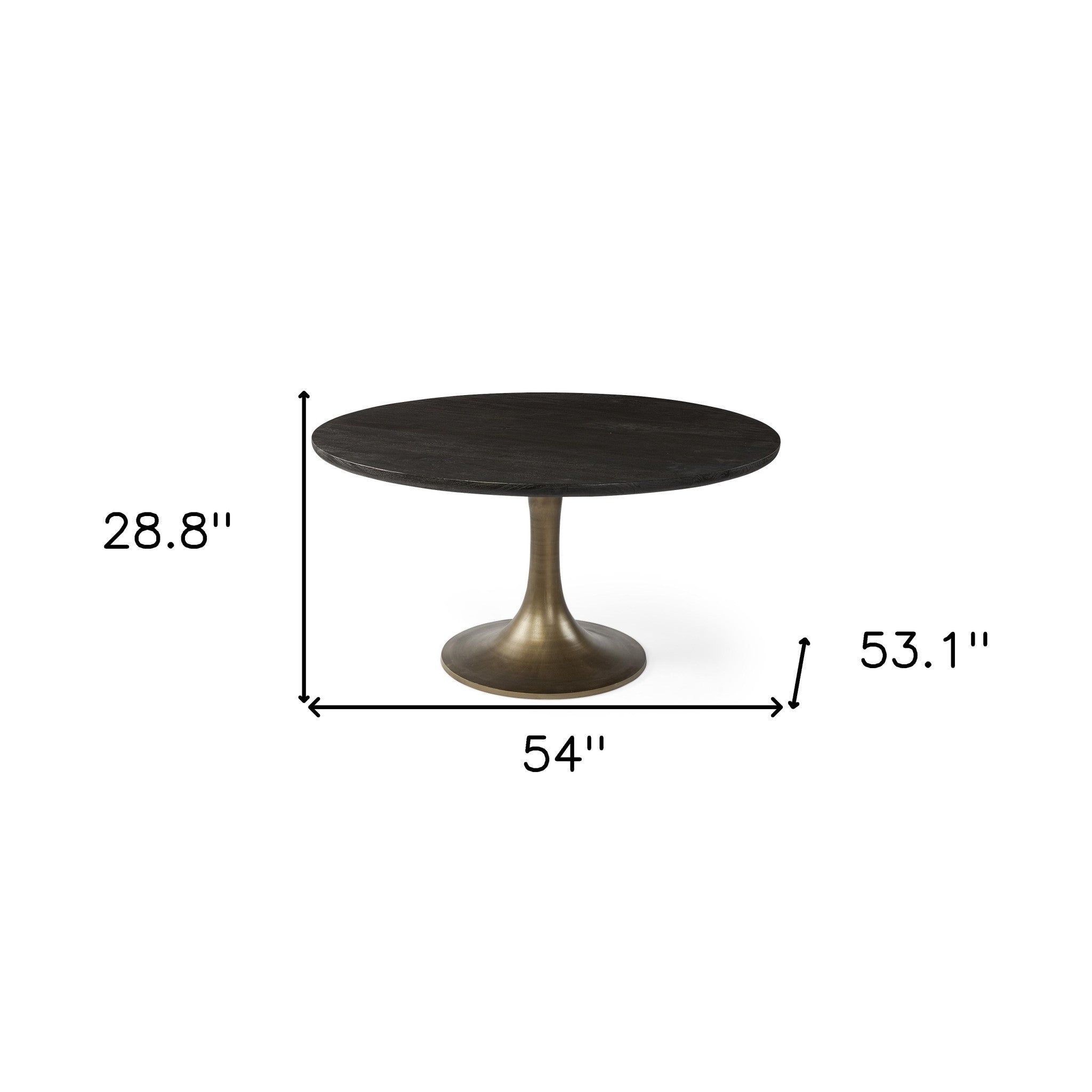 54" Round Brown Solid Wood Top With Gold Metal Base Dining Table