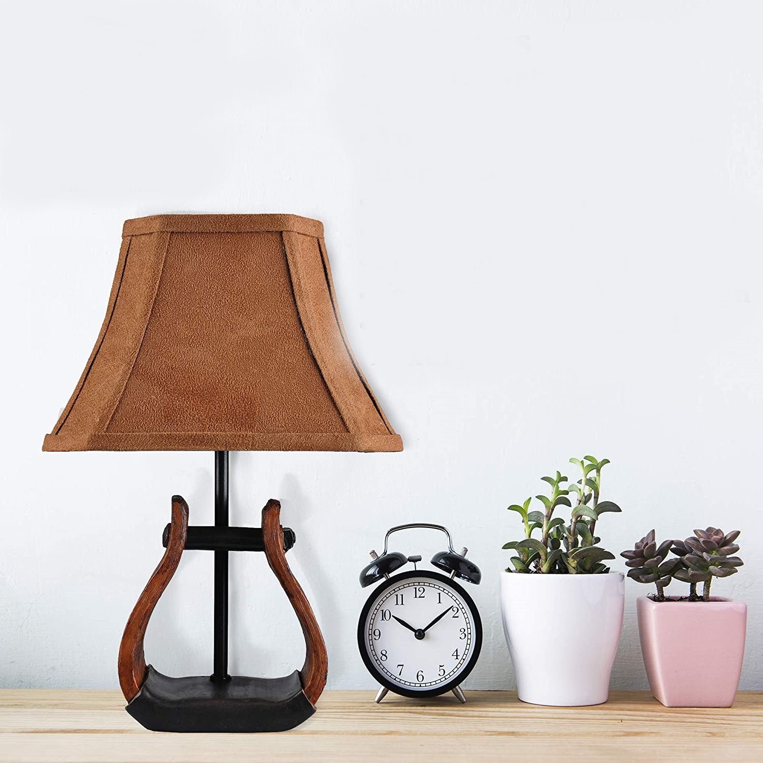 Horse Stirrup Accent Lamp With Faux Suede Brown Shade
