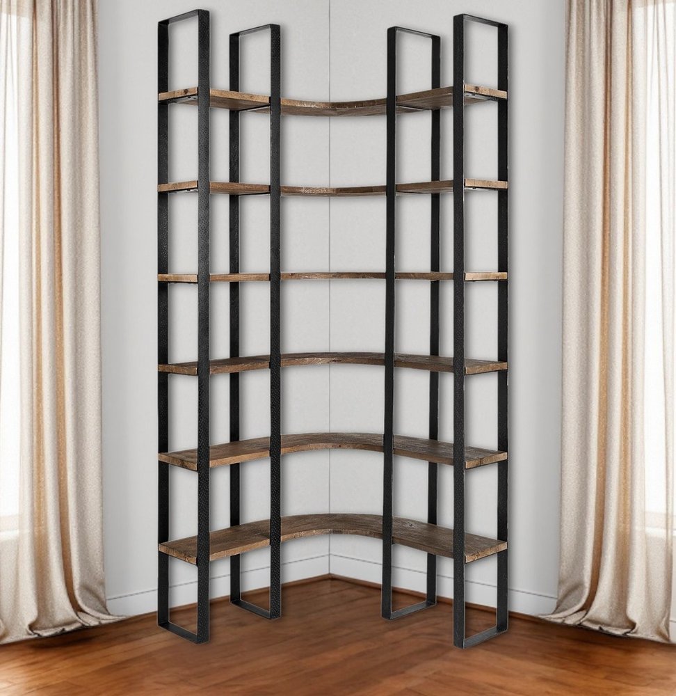 90" Black And Brown Iron and Wood Six Tier Bookcase